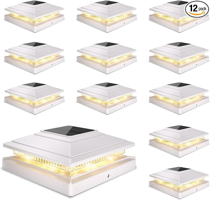 Solar Post Cap Lights Outdoor 12pack, Waterproof Fence Post Solar Lights for 4x4 5x5 6x6 Wood/Vinyl Posts, White Deck Post Lights with 2 Color Modes Decorate Garden Patio Porch Backyard