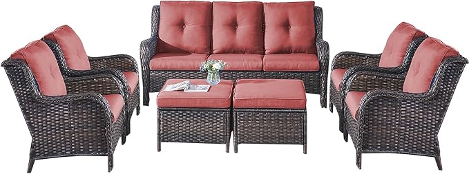 Rilyson Wicker Patio Furniture Chairs Set - 7 Piece Rattan Outdoor Sectional Conversation Sets with 1 Sofa,4 Armrest Chairs and 2 Ottomans for Porch Deck Garden(Brown/Red)