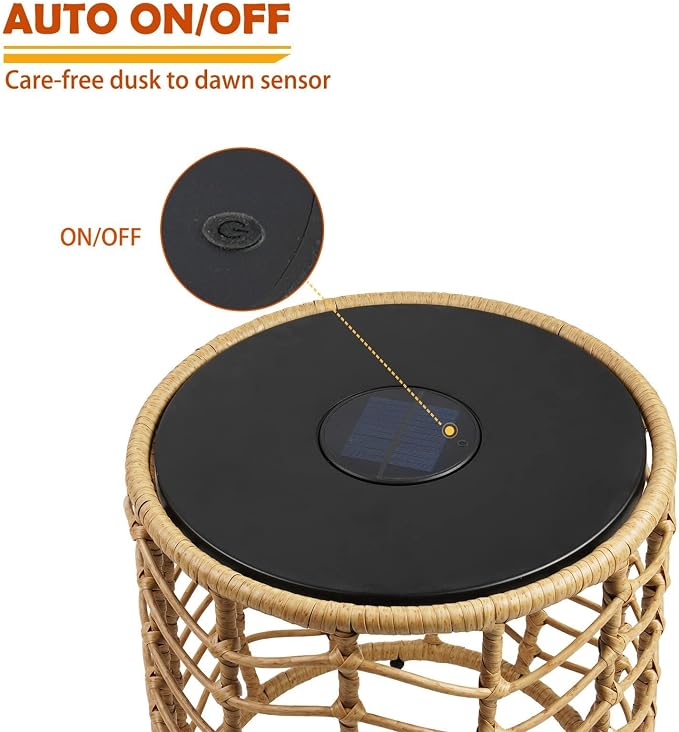 Solar Yard Set of 2 Solar Nesting Tables with Built-in Lights, Weather-Resistant Wicker for Patio, Garden, Side Table for Outdoor Natural