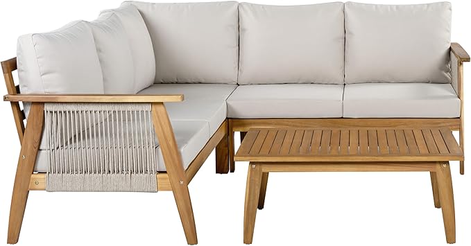 Merax Outdoor 4-Piece Acacia Wood & Rope Sectional Patio Corner Set, L-Shaped Sofa with Coffee Table, Handmade Woven Garden Furniture for Poolside & Deck
