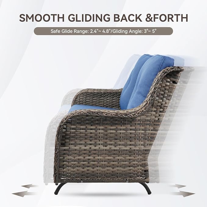 Patio Loveseat Glider Set, Resin Wicker Loveseat Glider with 4 Swivel Patio Chiars Rectangular Firepit Table, 7 Piece Patio Conversation Loveseat Set, Grey Wicker|Blue Cushions
