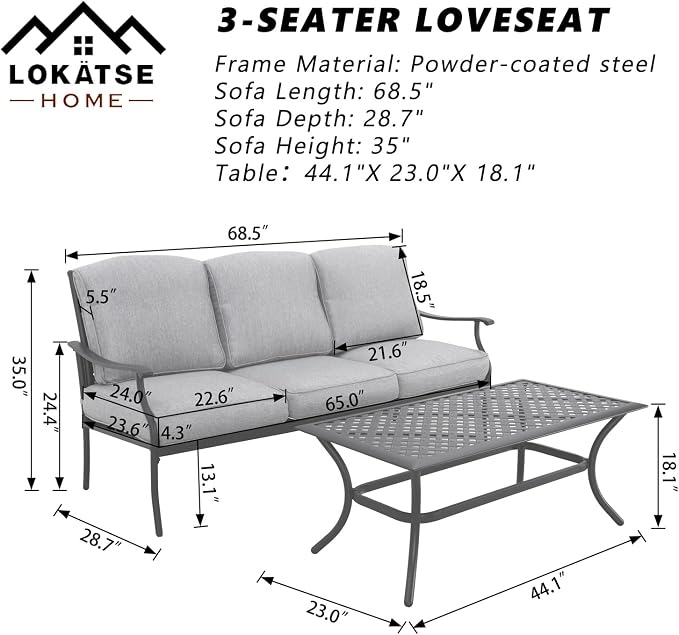LOKATSE HOME 3 Seat Metal Patio Loveseat Bench Outdoor Furniture Bistro Set with Coffee Table for Lawn Front Porch Garden Yard or Poolside, Grey