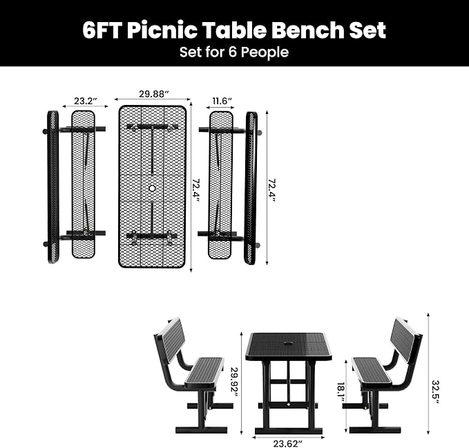 6FT Outdoor Metal Picnic Table with 2 Benches,Heavy Duty Rectangular Picnic Table Set for Outside, Waterproof Commercial Restaurant Table Furniture for Park, Campfield, Patio, Garden, Yard
