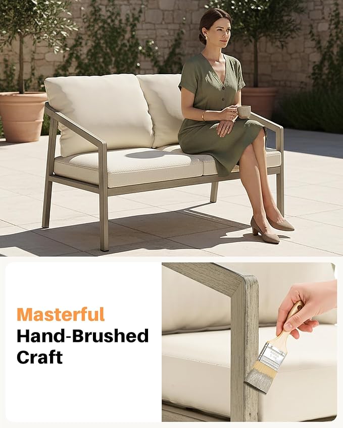 Outdoor Patio Loveseat, Never-Rust Aluminum Outdoor Loveseat Couch with Thick Cushions, Modern 2-Seater Patio Sofa Bench, Outdoor Sofa Loveseat Furniture for Poolside, Garden, Gray Oak