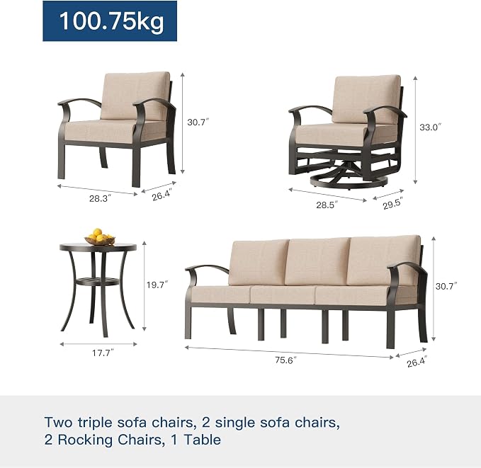 Kullavik Aluminum Patio Furniture Set,7 Piece Modern Metal Outdoor Patio Furniture w/5.1'' Thick Cushion and Swivel Chairs,Patio Conversation Sets for Porch,Deck,Sand