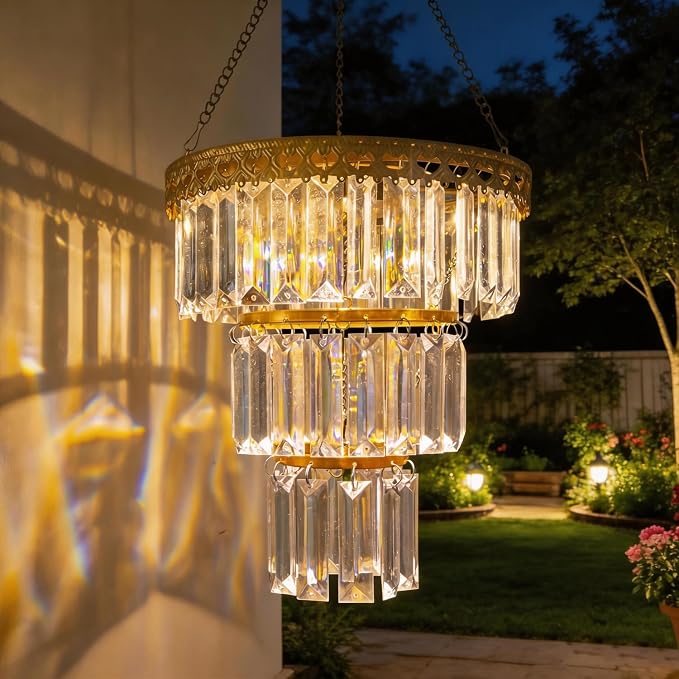 Solar Hanging Crystal Chandelier Vintage Outdoor Garden Decor Light | Waterproof metal frame with warm white LED and powerful battery elegant illumination to patio, gazebo, party, tree, wedding