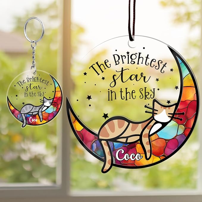 Cat Memorial Gifts for Loss of Cat — Personalized Cat Memorial Suncatcher Ornament, Sympathy Gift for Cat Lovers, Stained Glass Window Hanging, Pet Loss Gift
