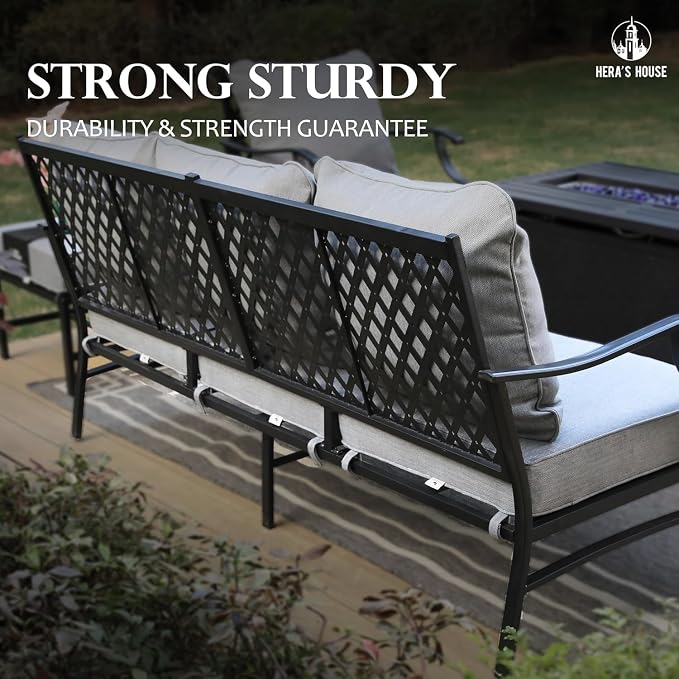 HERA'S HOUSE 6 Piece Patio Furniture Set, 4 x Fixed Metal Cushioned Chair, 1 x 3-Seat Sofa with Marbling Coffee Table, Outdoor Conversation Set for Lawn Garden Backyard Poolside, Grey