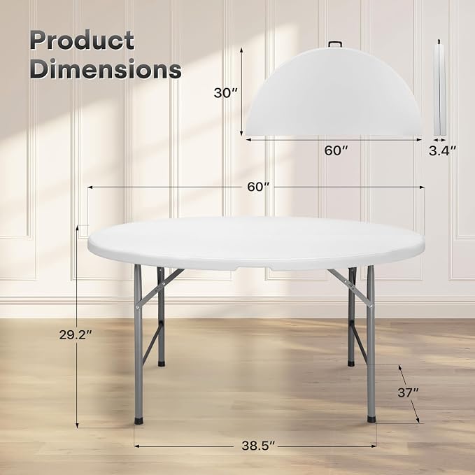 Athena Collection Folding Table, Portable Plastic Round Table Foldable Card Table, Indoor Outdoor Collapsible Craft Desk Dining Table with Lock & Handle for Commercial Event Party Camping, White