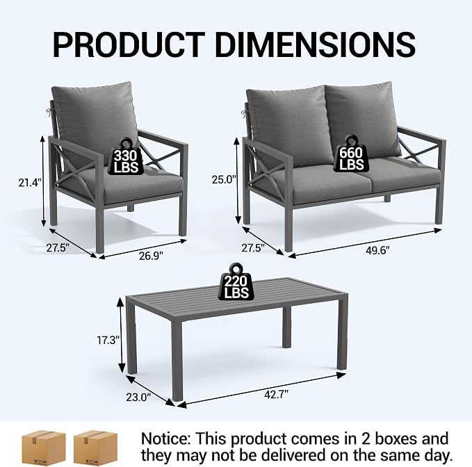 4-Piece All-Weather Metal Patio Furniture Set, Sectional Conversation Sofa w/Coffee Table, Heavy Duty Steel Frame & Washable Cushions for Backyard Garden (Grey, Furniture Set（X-Shaped）)