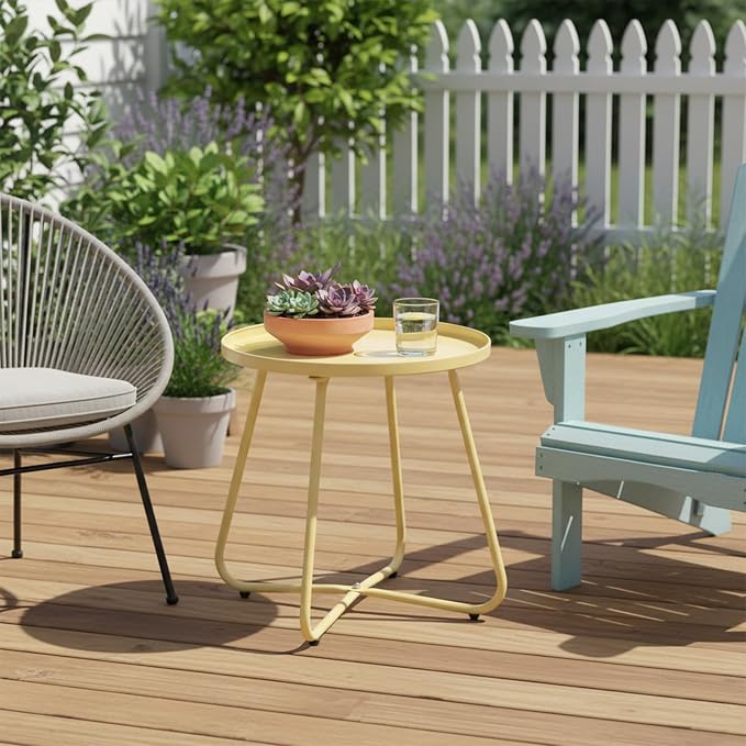 LITA Outdoor Side Table Metal Steel Weather Resistant Round End Table for Patio Balcony Living Room, Small Lightweight Weatherproof Accent Table,Yellow,Modern