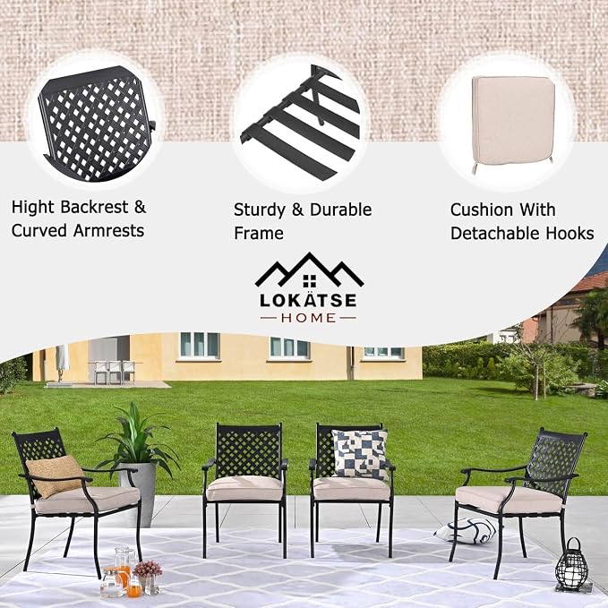 LOKATSE HOME 5-Piece Outdoor Patio Metal Dining Set with Iron Armrest Cushioned Chairs and Steel Round Table with Umbrella Hole, Beige