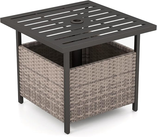 Tangkula Outdoor Table with Umbrella Hole, Rattan Umbrella Stand Table, Wicker Outside Side Table with Steel Metal Frame, Patio Bistro Table for Deck Garden Pool Yard, 22 x 22 x 18.5 Inch (Grey)