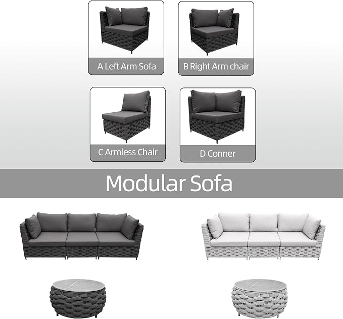 3-Seat Modular Outdoor Sofa Set with Coffee Table, Woven Rope Patio Sectional Couch, Rust-Proof Aluminum Frame, Water-Resistant Cushions for Backyard Balcony Deck, Dark Gray