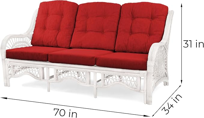 Malibu Lounge Set of 4: 2 Natural Rattan Wicker Chairs, Three-Seater Sofa with Red Cushions and Coffee Table with Glass Handmade, White Color