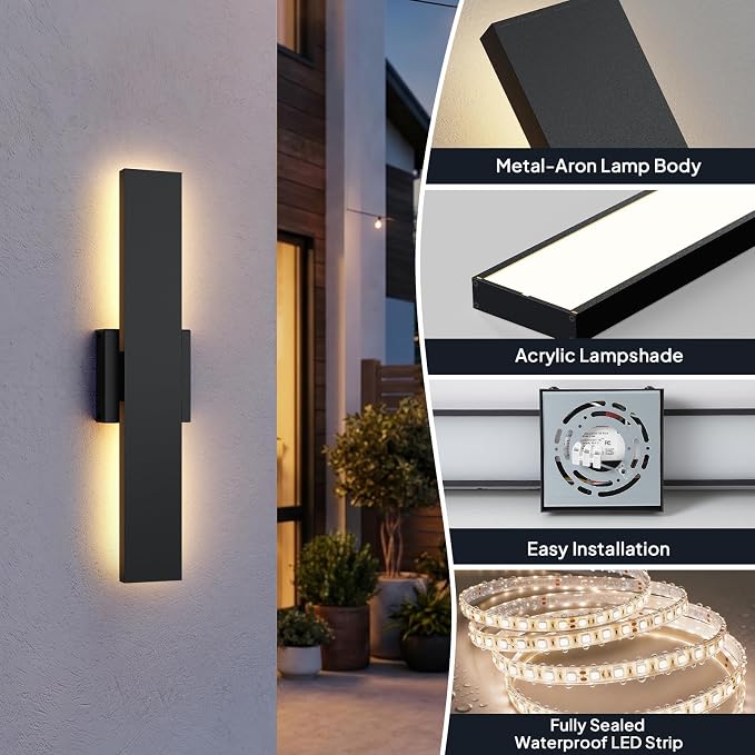 2 Pack LED Outdoor Wall Lights Dimmable, 3000K/4500K/6000K, 15.7" Modern Black Outdoor Wall Sconce, Linear IP65 Waterproof Exterior Wall Light Fixture for Entrance, Hallway, Garage, Porch
