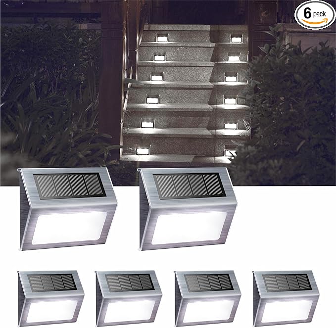 XLUX White Solar Lights for Deck Step Fence Post, SST Housing, 6 Pack | white non-glare LED lamp, sturdy stainless steel casing, for deck, step, fence, pathway, Rainproof, Automatic ON/OFF