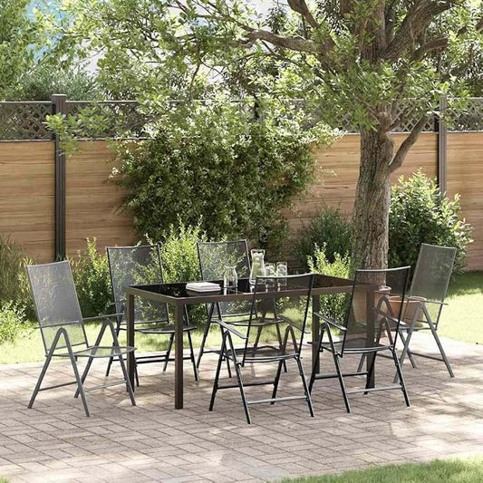 7 Piece Garden Dining Set, Anthracite Powder-Coated Steel Patio Furniture, Foldable Outdoor Table and 6 Chairs, Adjustable Height Dining Table for Backyard, Deck, and Lawn