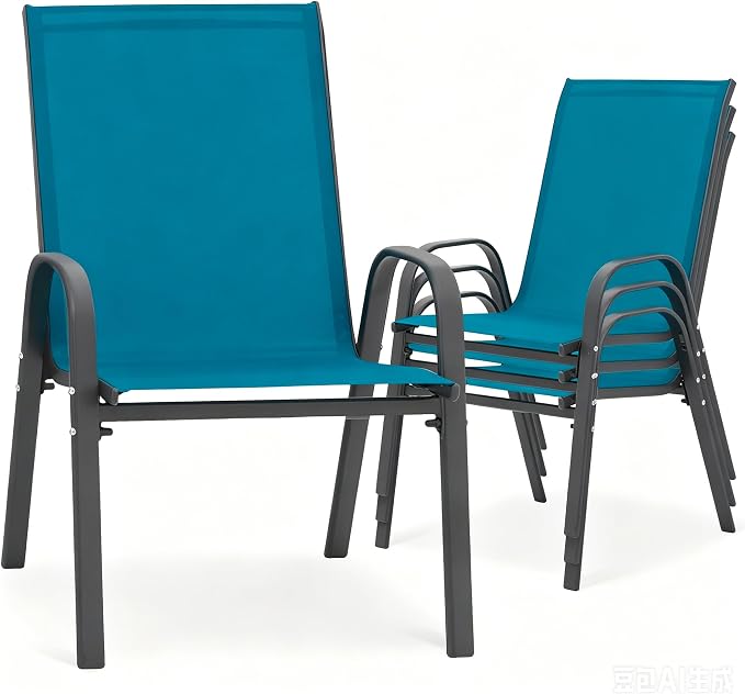 24.4" Wide Outdoor Stackable Chairs Set of 4, Stacking Patio Chairs with Textilene Fabric, Outside Furniture for Garden Backyard Balconie Poolside Deck, Blue