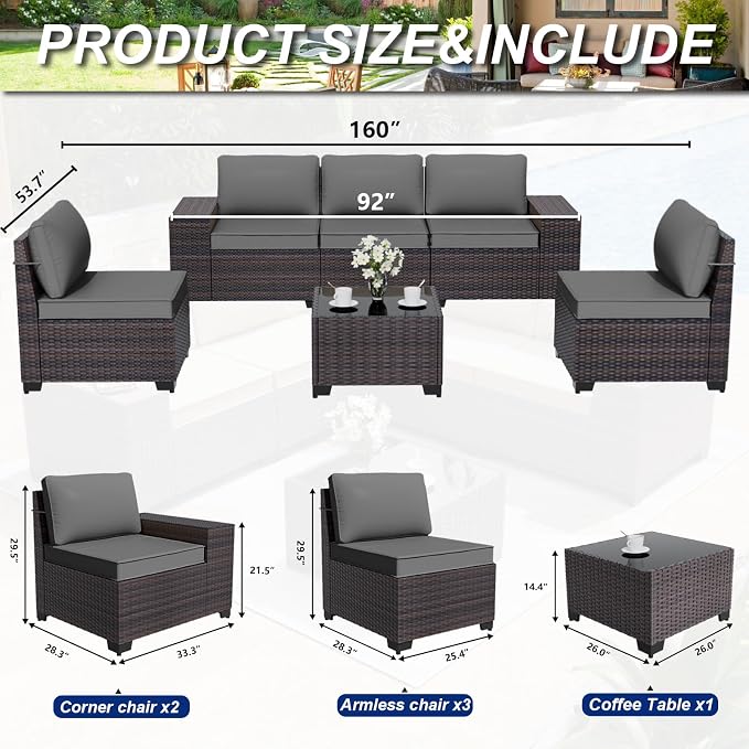 ALAULM 6 Pieces Patio Furniture Set, Oversized Seat/Armrest Sofas and High Back Wicker Sectional Furniture Set with Thick Cushion for Backyard, Garden, Grey