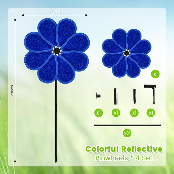 4PCS 11.4" W x 28" H Reflective Pinwheels Sparkly Lawn Wind Spinners Colorful Rainbow Windmill for Garden Decoration Bird Devices Deterrent to Scare Birds Away（Blue）