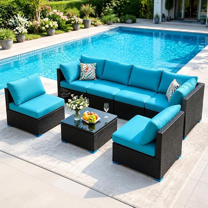 7 Piece Outdoor Sectional Outdoor Patio Furniture Set, Outdoor Patio Furniture Set with Coffee Table, Sectional Couch Sofa with Cushions, Wicker Outdoor Conversation Set for Backyard & Garden, Blue