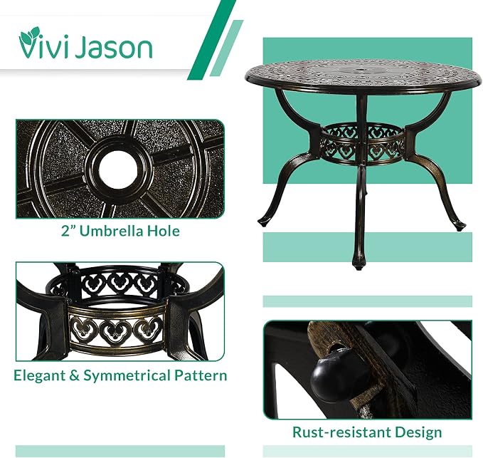 VIVIJASON 38.5" Patio Bistro Table Outdoor Dining Round Table Bronze Cast Aluminum Table with Umbrella Hole