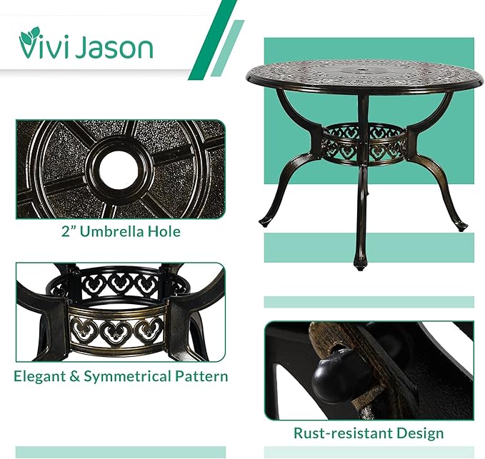 VIVIJASON 5-Piece Patio Furniture Dining Set, All-Weather Cast Aluminum Outdoor Conversation Set, Include 4 Chairs and 1 Round Table w/Umbrella Hole for Balcony, Lawn, Garden, Backyard