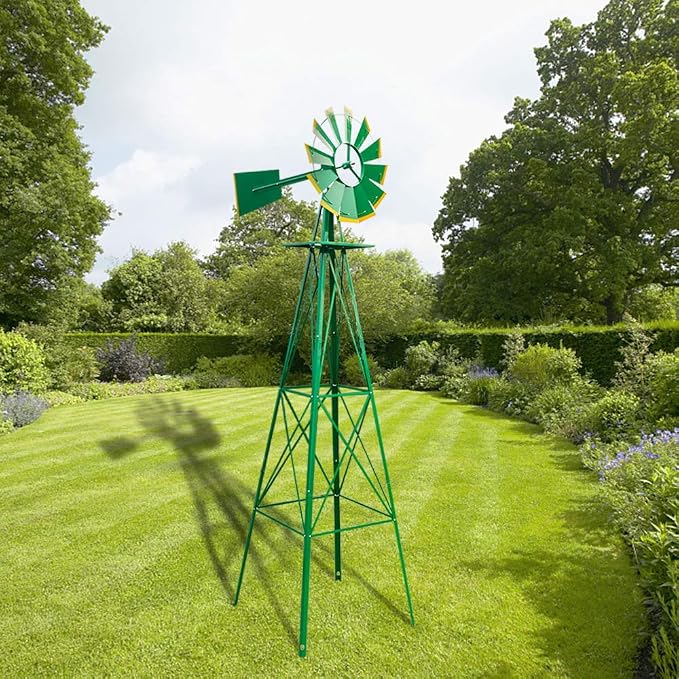 VINGLI Upgrade 8FT Ornamental Windmill Backyard Garden Decoration Weather Vane, Heavy Duty Metal Wind Mill w/ 4 Legs Design (Green)