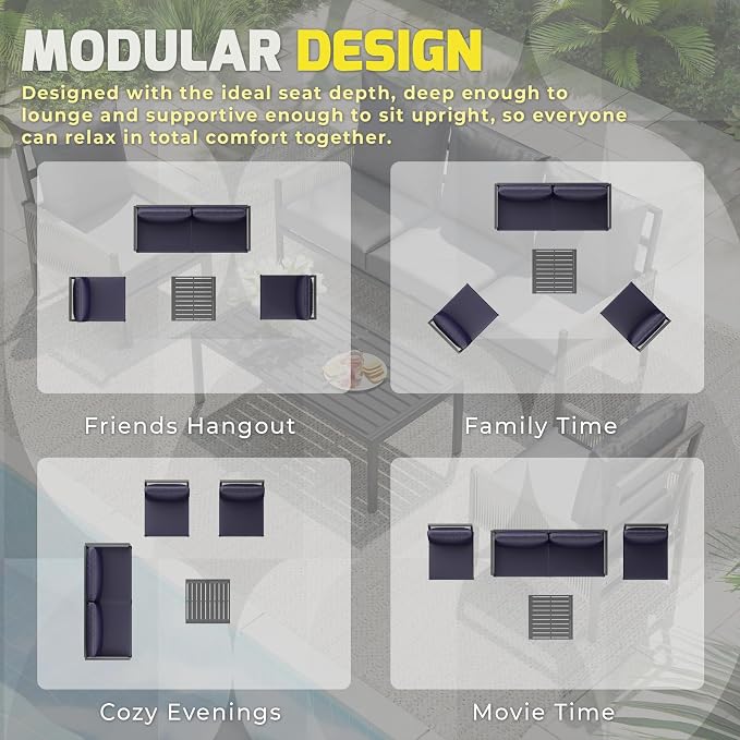 AECOJOY Aluminum Patio Furniture Set 4 Seats Outdoor Sectional Sofa Couch with Coffee Central Table Patio Conversation Sets for Porch Deck