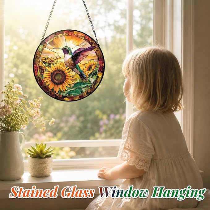 Stained Glass Hummingbird Suncatcher Window Hanging Flowers Gifts for Mom | 7.8in Garden Sun Catcher, Sunflowers Sunrise Ornament for Door Home, Gift for Bird Lovers Grandma & Mother's Day Christmas