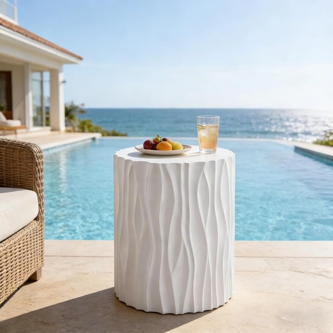 Modern White Outdoor MGO Side Coffee Table with Wavy Fluted Design 15.75" Round, 21.97" H, Assembly-Free for Patio, Garden, or Balcony White