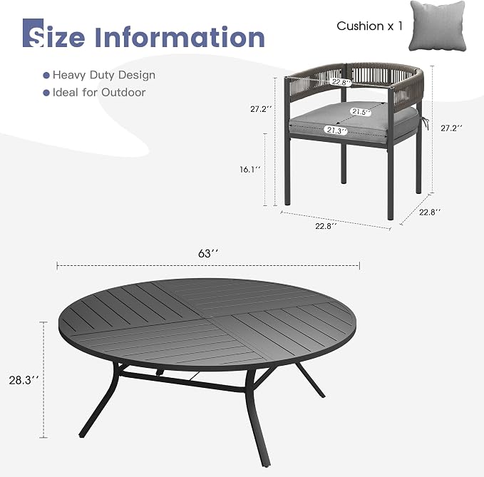 VICLLAX Patio Dining Set, 63.1" Black Table & 6 Chairs with Grey Cushion | Outdoor Table and Chairs Set of Round Metal Patio Table, Outdoor Dining Chairs with Metal Frame, Garden Deck Porch