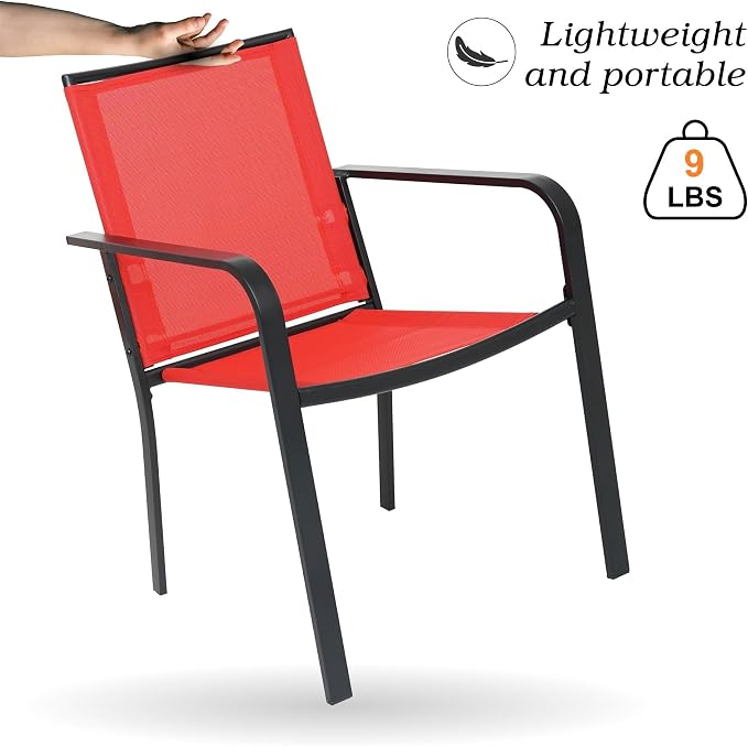 Anmutig Outdoor Bistro Set for 2, Stackable Chairs & Metal Table, Red | Weather-Resistant Textilene, Black Powder-Coated Steel Frame, Storage Shelf, Easy Assembly, Balcony, Deck, Poolside Use