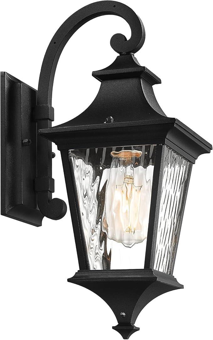 Emliviar 15 Inch Outdoor Wall Lantern Light, Porch Light for House, Hallway and Entryway, Black Finish with Water Ripple Glass, XE292B-SW BK