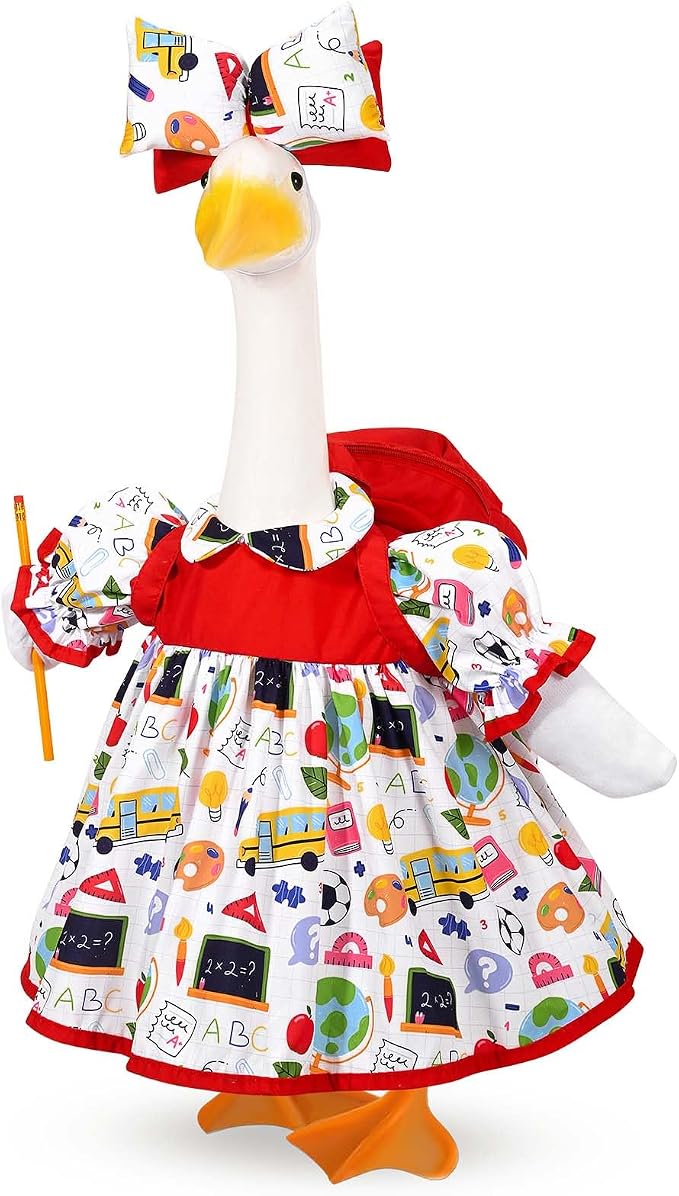 JcHrmers Back to School Porch Goose Outfits Includes Bow Headband Red Schoolbag Doll Collar Dress and Pencil for 23'' Cement Goose Statue for Garden Patio Lawn Yard Outdoor Decoration