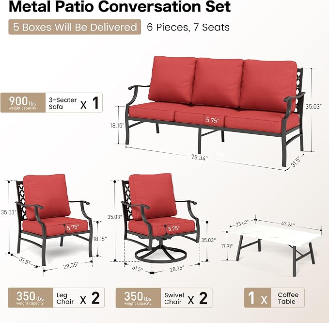 SUNSHINE VALLEY 6 Piece Metal Outdoor Patio Furniture Set, Patio Conversation Sets 1 3-Seater Sofa, 2 Swivel Chair, 2 Leg Chair with 5.75" Thick Cushion and Coffee Table, Backyard Furniture Set, Red