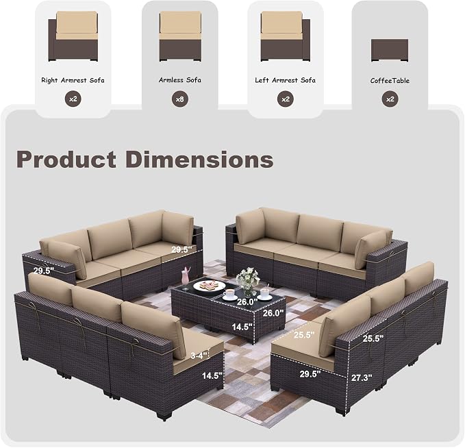 Kurapika 14 Pieces Patio Furniture Set, Rattan Wicker Outdoor Conversation Sets w/4 Inch Cushion and Glass Coffee Table(Sand)