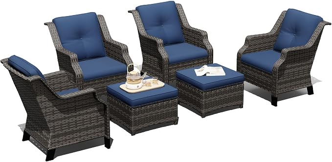 Outdoor Patio Furniture Set, 6 Piece Wicker Patio Furniture with Thick Cushions, Curved Armrest, Deep Seating, Rattan Outdoor Chairs for Porch, Deck, Balcony