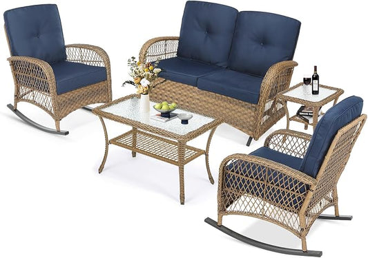 Meetwarm 5-Piece Outdoor Patio Conversation Set with Glider Loveseat & Rocking Chairs, Glass-Top Coffee Table - Navy Blue