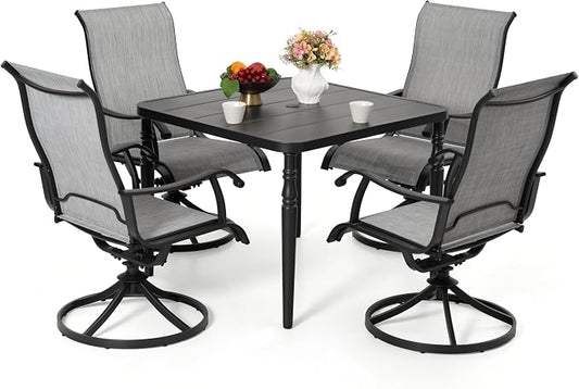 NUU GARDEN 5-Piece Patio Dining Set with Umbrella Hole, Patio Table and Chair Set for 4, All-Weather Textilene Outdoor Furniture with Galvanized Metal Frame, Swivel Design, Black and Light Gray