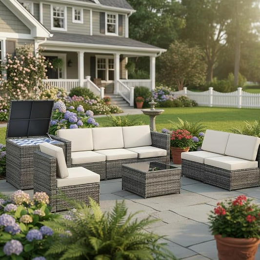 Tangkula 8 Pieces Wicker Patio Furniture Set with Storage Deck Box, PE Rattan Outdoor Sectional Sofa Conversation Set with Coffee Table & Cushions, Outside Furniture for Garden Yard Poolside (White)