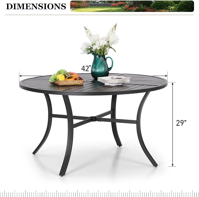 HERA'S HOUSE 42" Round Patio Table with Umbrella Hole, Outdoor Dining Table for 4, Black Metal Table for Deck Lawn Garden Backyard
