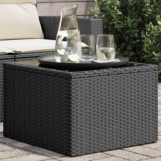 Square Garden Table, PE Rattan Coffee Table with Tempered Glass Top, Powder-Coated Steel Frame, Outdoor Patio Furniture for Small Spaces