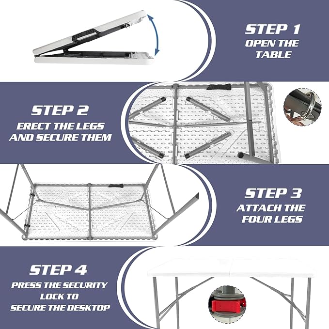 4FT Folding Table Portable Foldable Outdoor Camping Card Table Easy to Store Lightweight Durable Multi-Use Ideal for Picnics Parties Events and Home Use