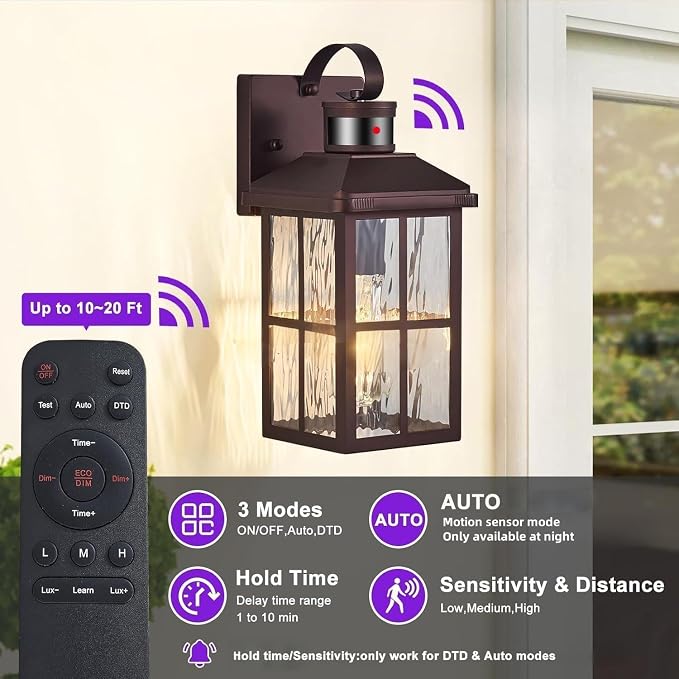 Porch Lights Outdoor with Remote, Motion Sensor Exterior Lighting Fixtures | 2 Pack Intelligent Outdoor Wall Lights, 4 Lighting Modes Outdoor Sconce Lights for House Patio Front Door Garage