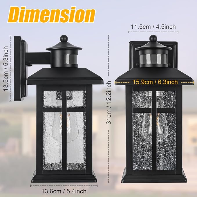 Motion Sensor Outdoor Wall Lights 2 Packs Dusk to Dawn Outdoor Lighting | Hardwired Exterior Light Sconces with E26 Sockets & Tempered Glass, Wall Mounted Black Waterproof Outdoor Lights for House