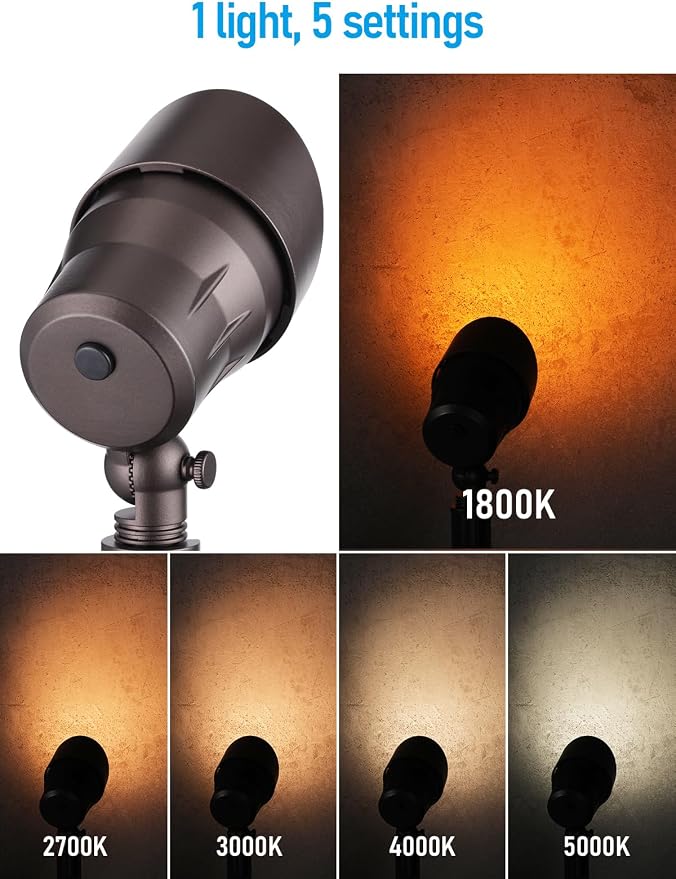 LEONLITE 4-Pack 5CCT 5W 12-24V Low Voltage LED Spotlight Oil Rubbed Bronze | 1800K2700K3000K4000K5000K, Landscape Pathway Lights Outdoor, CRI90, Aluminum Spot Lights for Garden, ETL, IP65 Waterproof