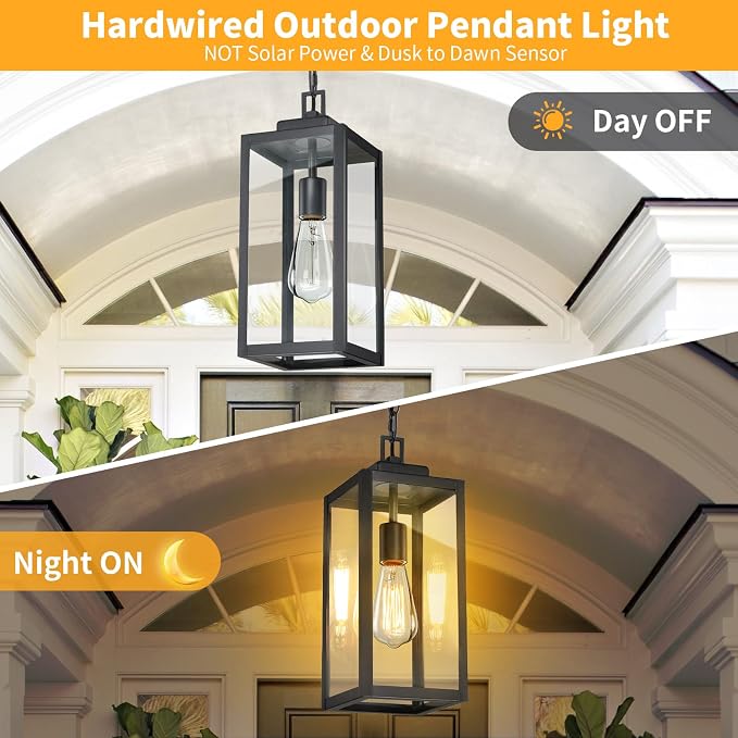 15'' Outdoor Pendant Light, Outside Chandelier Hanging Lantern, Black | Large, with Clear Glass, 1 Pack, Modern Exterior Pendant Lighting Fixture Ceiling Mount for Porch, Entryway