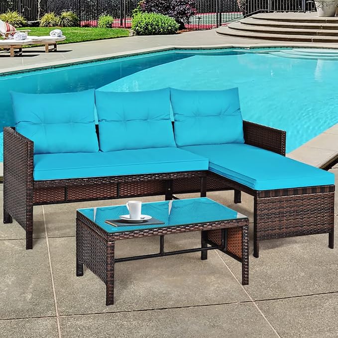 3 Pieces Rattan Sectional Sofa Set, Patio Wicker Rattan Conversation Set with Chaise Lounge, Love Seat & Coffee Table, Patio Furniture Set for Garden, Lawn, Poolside (Turquoise)